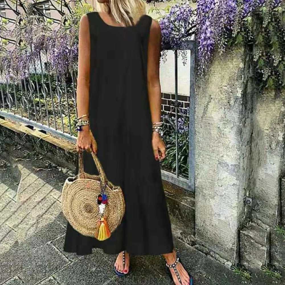 Loose dress Vintage Women Solid Color Sveless O Neck Pleated Large Hem Loose Tank Dress women Large Hem Loose Tank DressXJ2500207