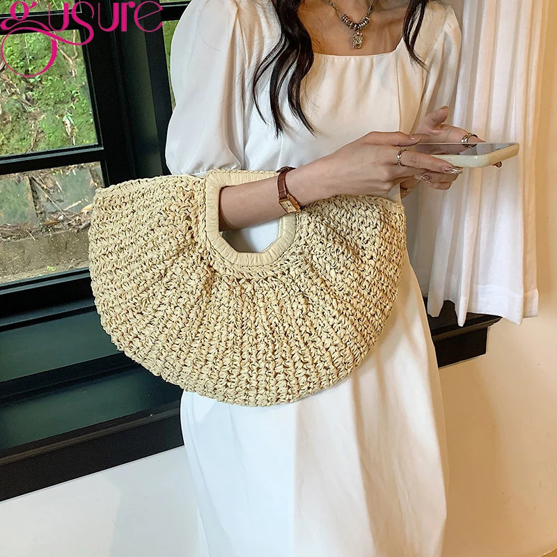Gusure Bohemia Rattan Large Capacity Shopper Tote Bags Women Moon Wicker Woven Handbag Summer Beach Straw Shoulder Bag 250207