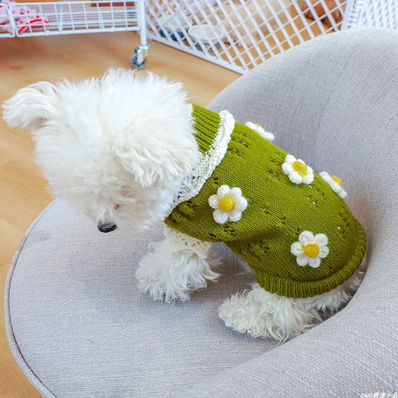 1PC Pet Apparel Dog Autumn and Winter Thickened Warm Green Pink 3D Flower Knitwear Pullover Sweater For Small Medium Dogs 250206