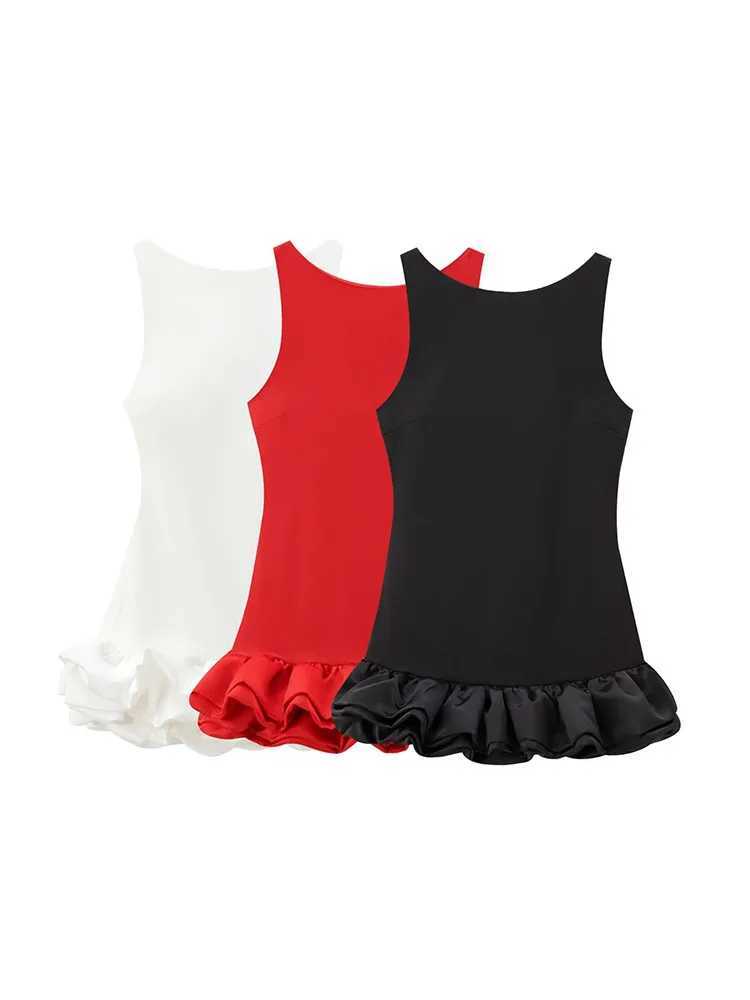 TR Women Sexy Mini Dress 2024 Fashion Fe O-neck Sveless Backless Dress Ele Ruffles Slim Back Zipper Party DressXJ2500207