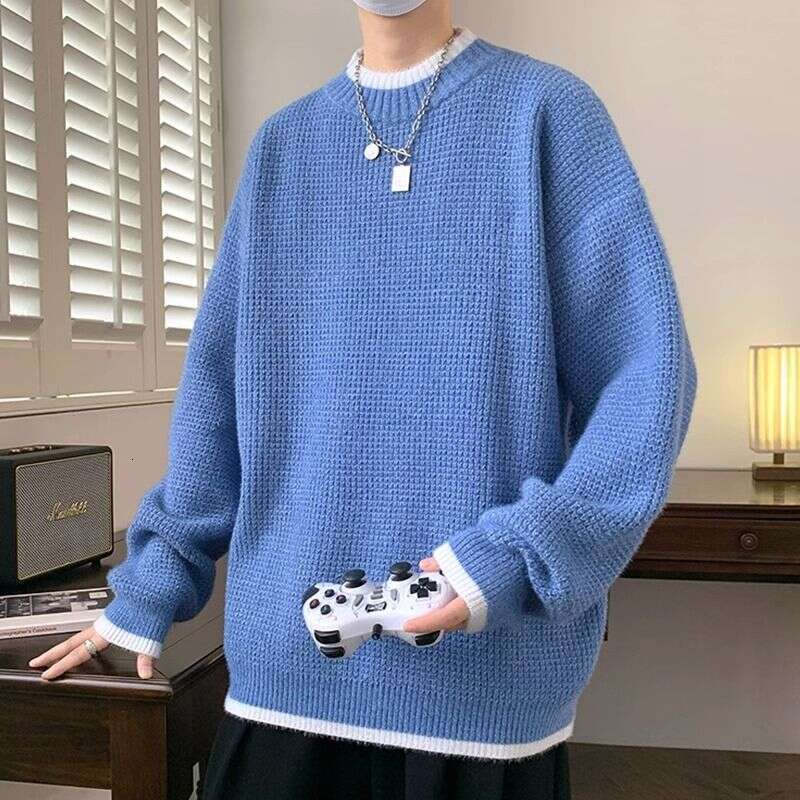 Autumn Winter New Fashion Round Neck Long Sleeve Solid Color Fake Two Pieces Pullovers Men's Clothing Trend Knitting Chic Tops