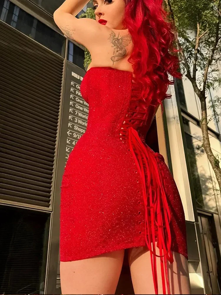 Womens Sexy Glitter Back Lace Up Red Strapless Mini Dress Fashion Sleeveless Retract Waist Aline Dresses Lady Party Short Robes 250206