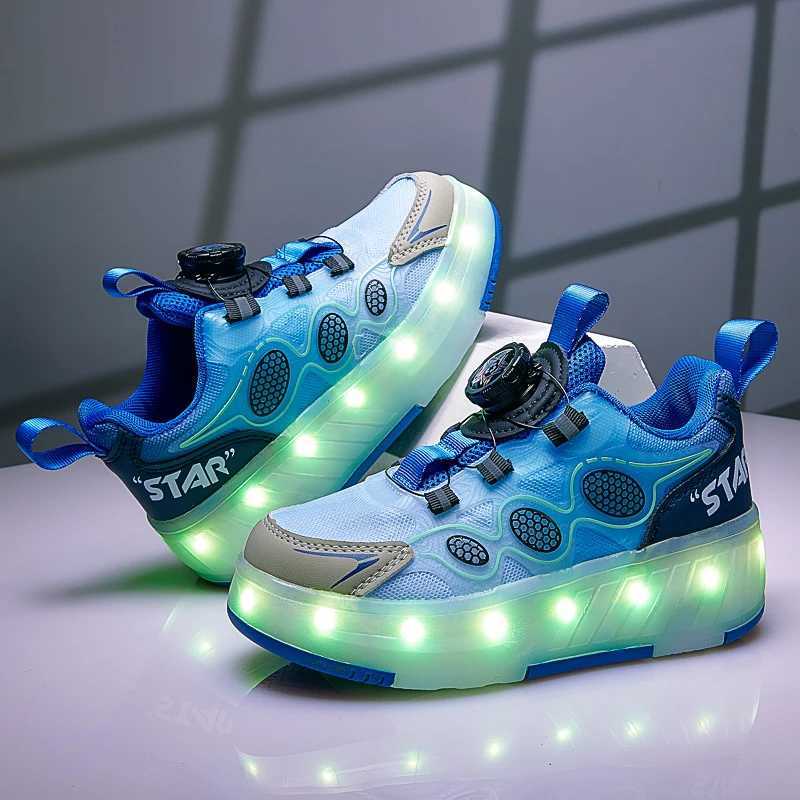 Childrens roller skating shoes are collision resistant durable walking shoes LED lights USB charging four-wheel childrens skating shoes W250207