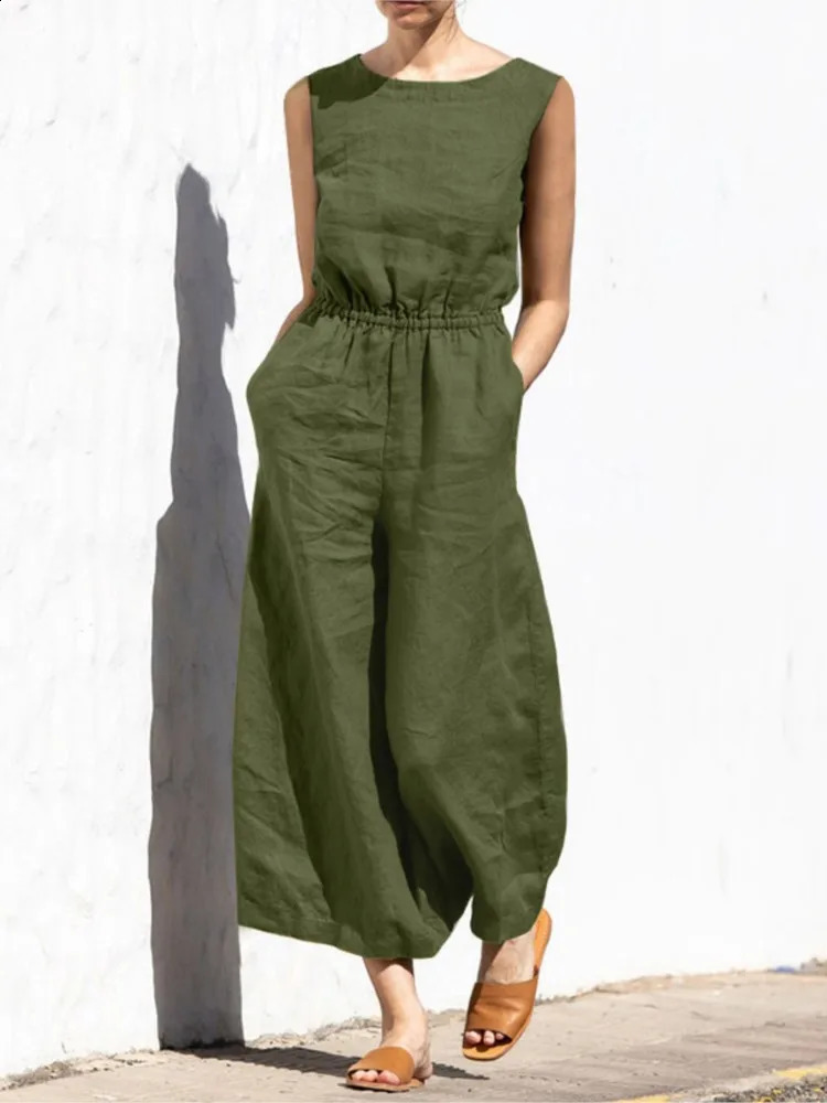 Fashion Buttoned Women Wide Leg Pant Jumpsuit Summer Solid Round Neck Sleeveless Pocket Playsuit Ladies Loose One-Piece Pants 250107