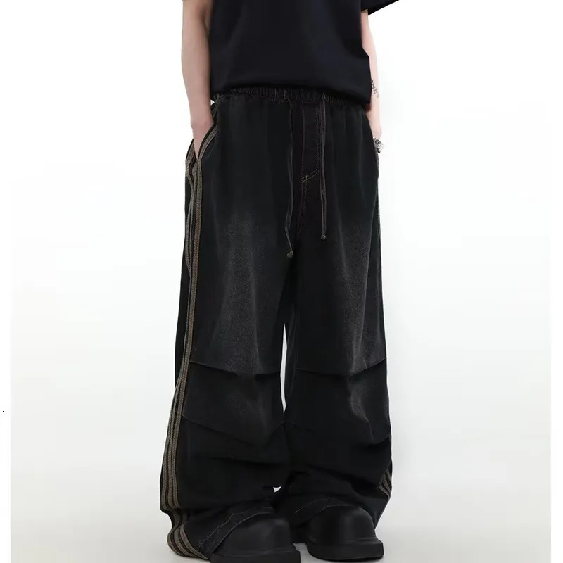 Ropa Y2K Fashion Elastic Waist Striped Pleated Baggy Jeans Pants For Men Clothes Washed Black Wide Leg Women Long Trousers 250113