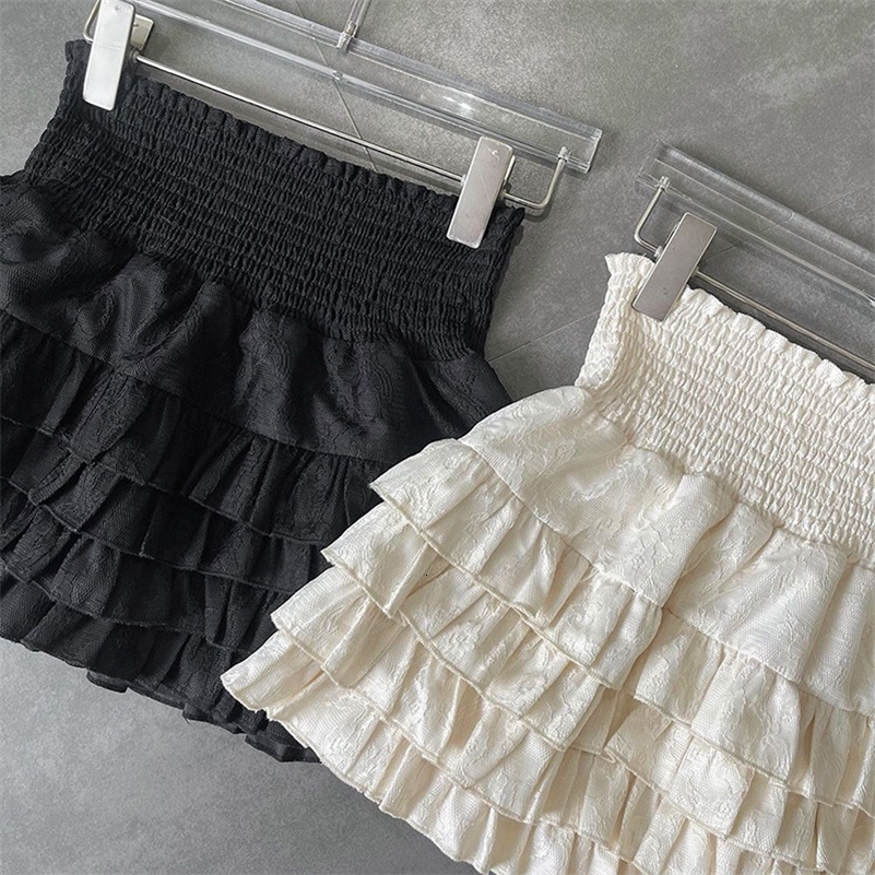 Streetwear Y2k Ruffles Mini Skirts Women Sweet Kawaii High Waist Lace A Line Skirt Summer Korean Fashion Black Ball Gown Skirts 250206