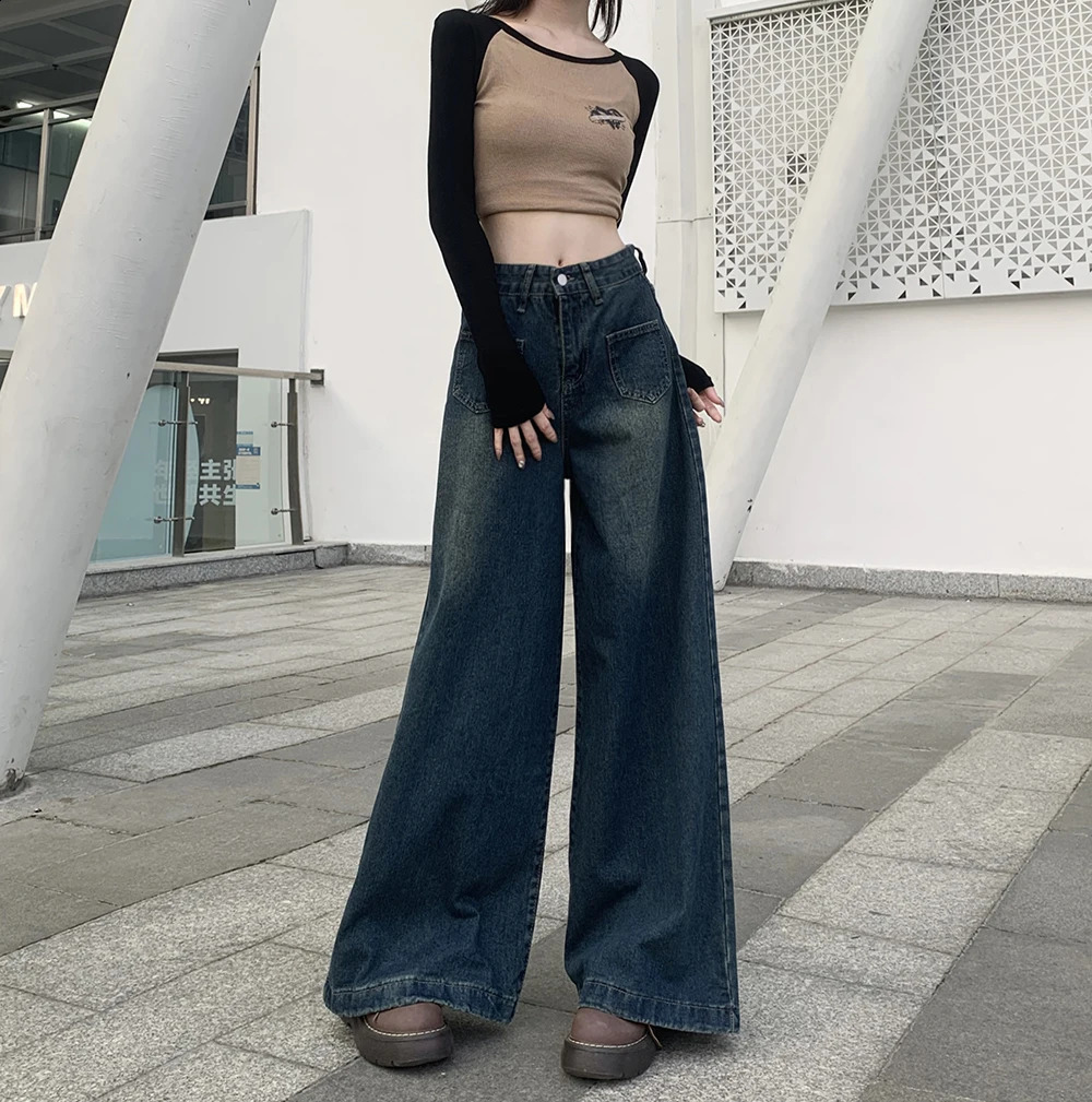 Petite girl 150CM short Hong Kong style retro straight leg jeans women loose slim high waist wide pants xs show height 250206