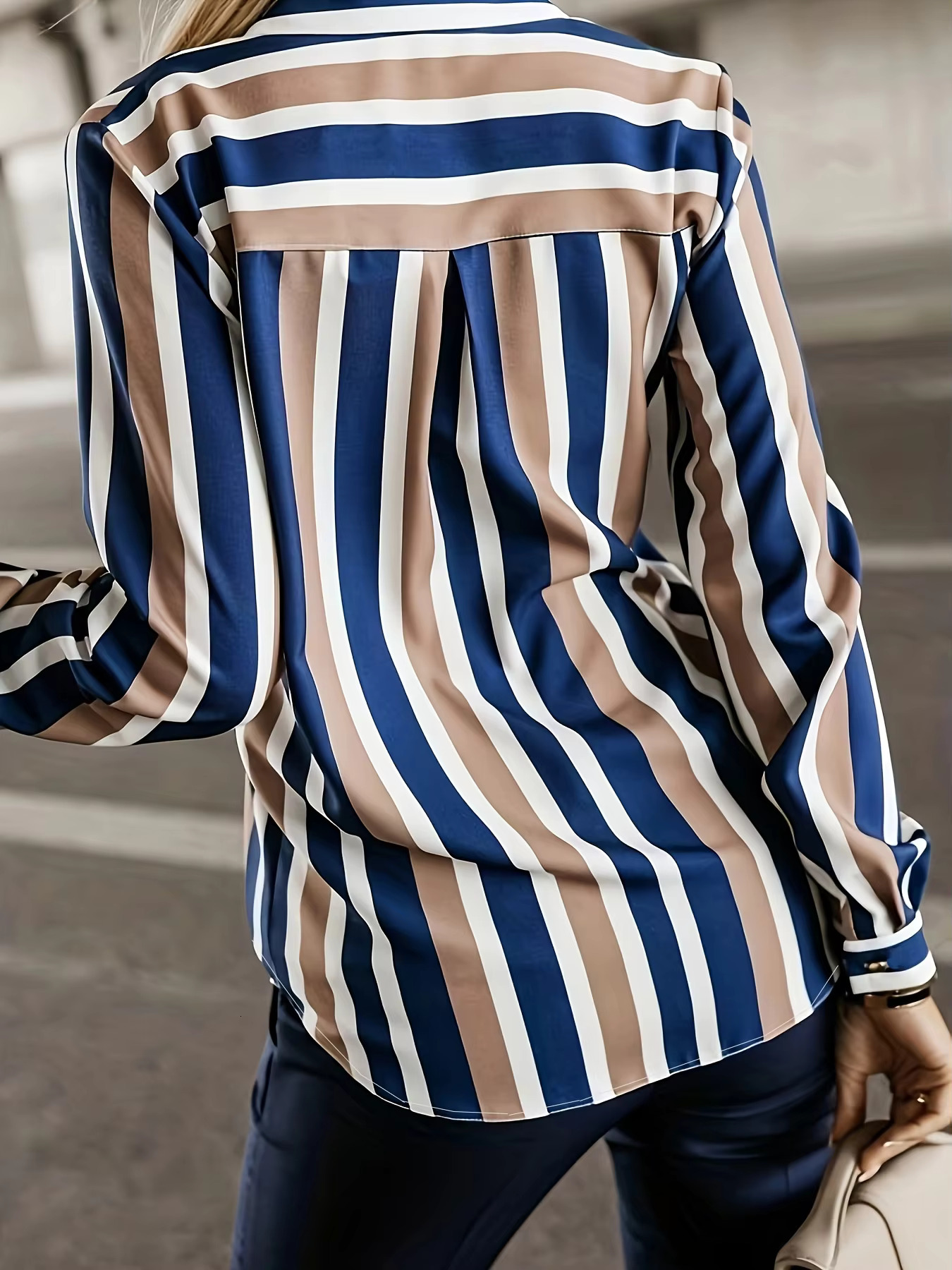 Size Casual Blouse, Women's Plus Stripe Print Long Sleeve Button Up Lapel Collar Shirt Top