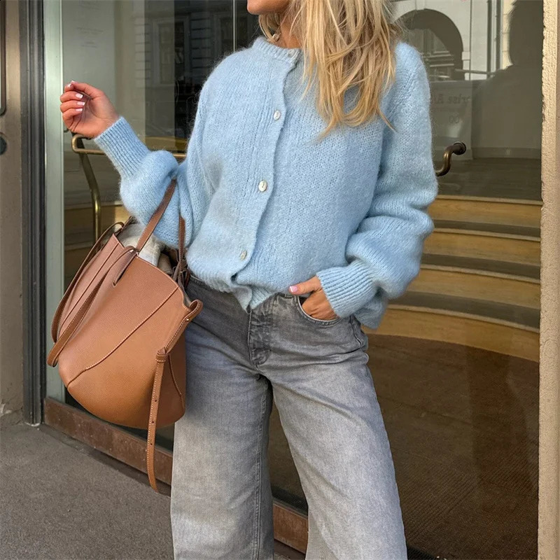 Lamuusaa y2k Sweaters 2000s Women Solid Color Round Neck Single Breasted Long Sleeve Cardigan Tops Warm Knitwear Streetwear 250206