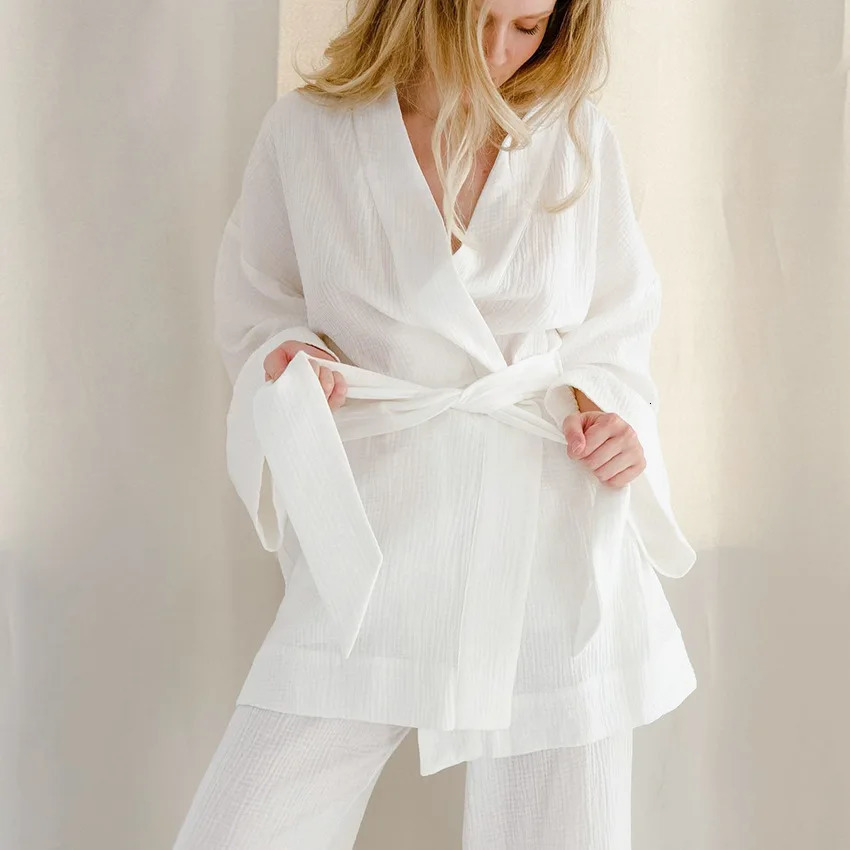 NHKDSASA Kimono Pajamas 100% Cotton Crepe Long-Sleeved Trousers Ladies Sleepwear Suit Womens Home Service Mujer 250207