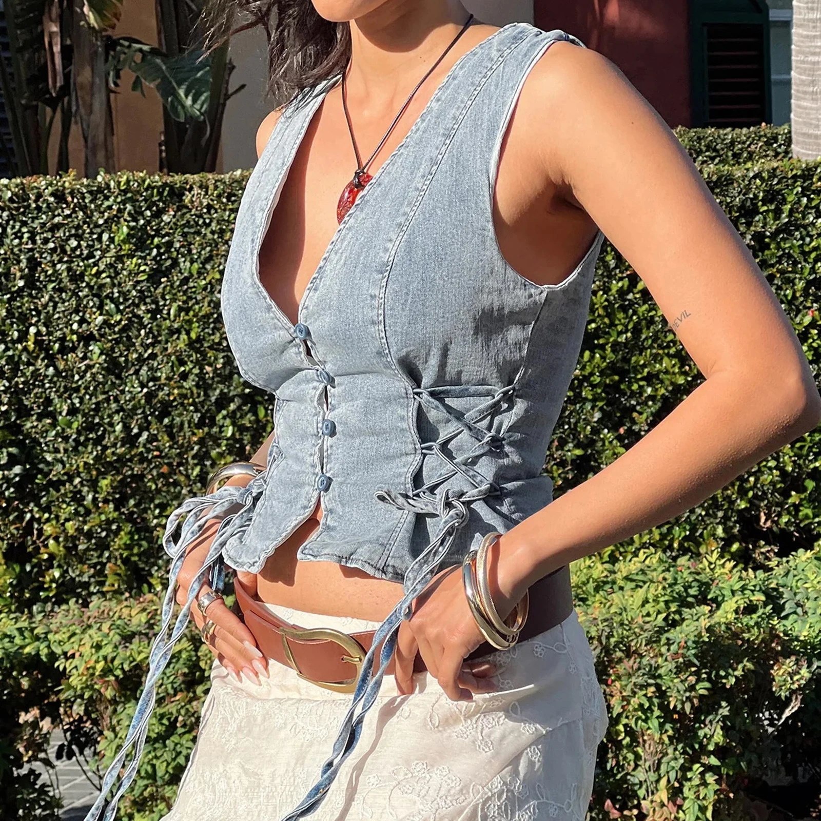 Summer Vintage Side Bandage Crop Tops Women Solid Color Button Up V Neck Sleeveless Vest Fashion Streetwear Fitted Tank Tops 250206