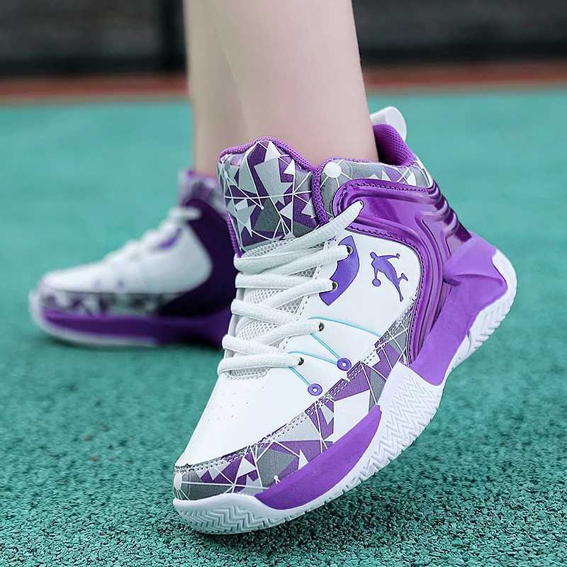 Hot White Purple Kids Basketball Shoes Outdoor Platform Childrens Sports Shoes Trend Casual Non-slip High Top Sneakers For Boy W250529
