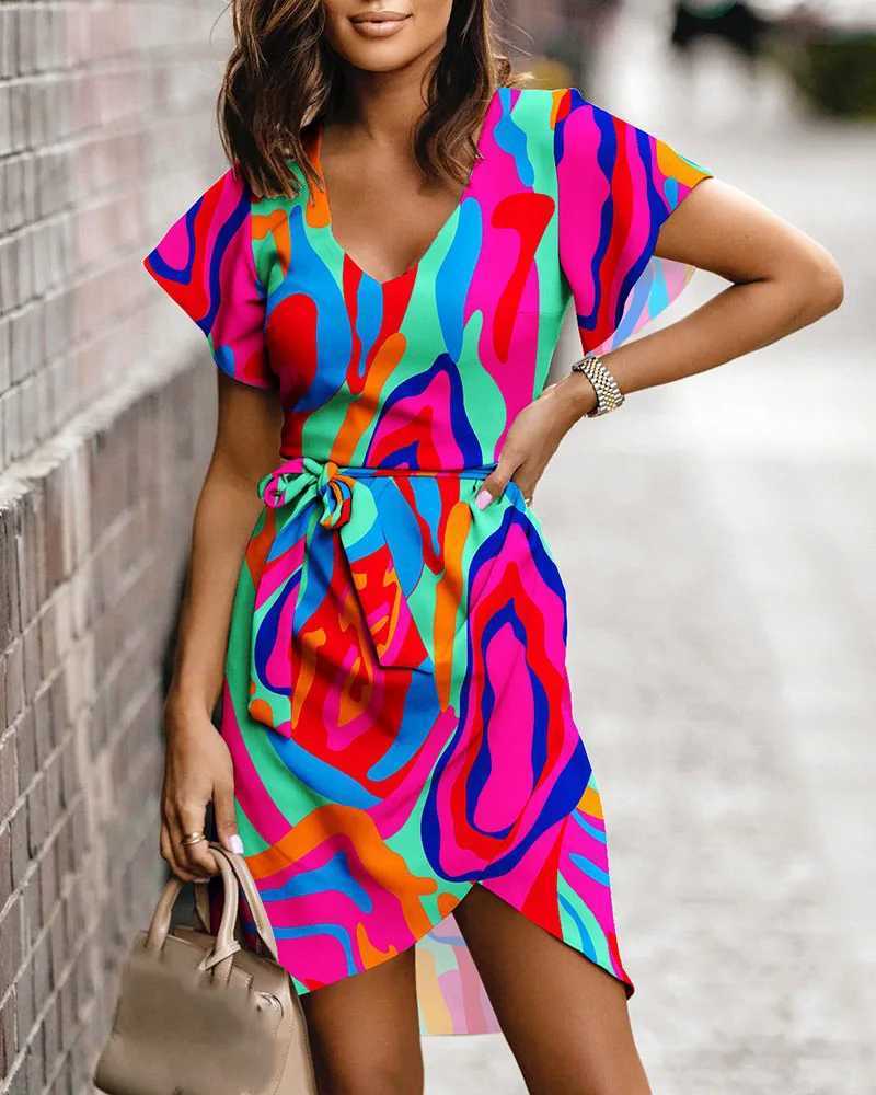 Fashion Print Woman Dress Summer Casual Short Sve Lace Up Ele Beach Party Mini Dresses For Women Robe Femme New 2024XJ2500207