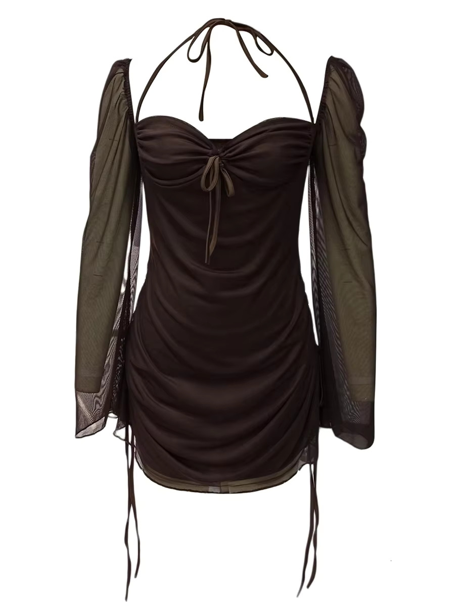 Women Long Sleeve Drawstring Pleated Halter Neck Mini Elegent Solid Pink Brown Short Dress