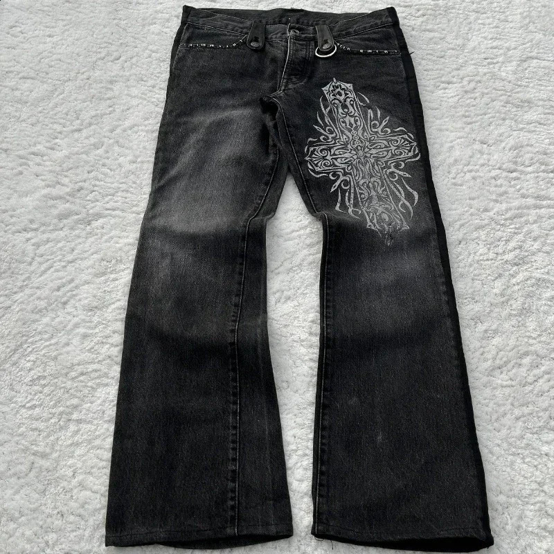Y2K baggy Jeans Black Vintage Cross Leather Detail Punk Flared Jeans Gothic Streetwear Harajuku men women Casual wide leg jeans 250206
