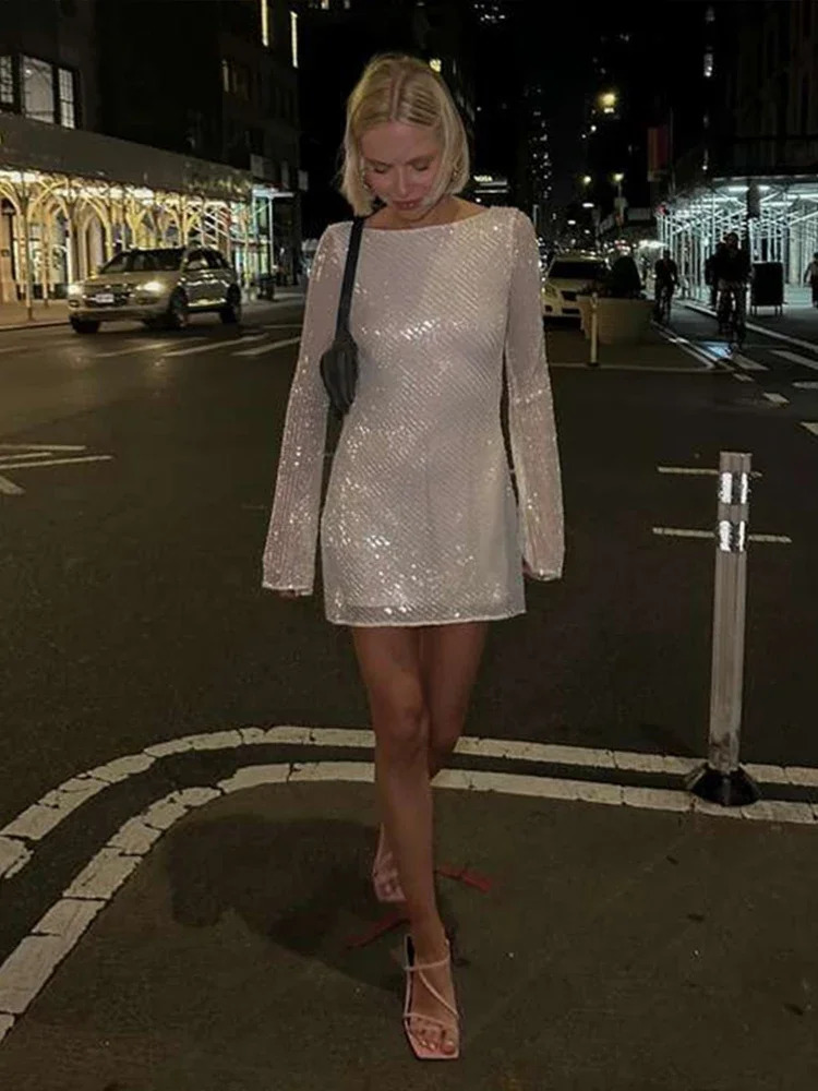 Large backlit sequin dress white shiny womens elegant long sleeved slim fit social party evening sexy sparkling short skirt 250206