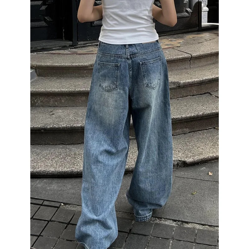 Blue Womens Jeans High Waist Vintage Straight Summer Y2K Classic Denim Pants Streetwear American Wide Leg Baggy Trouser 250121