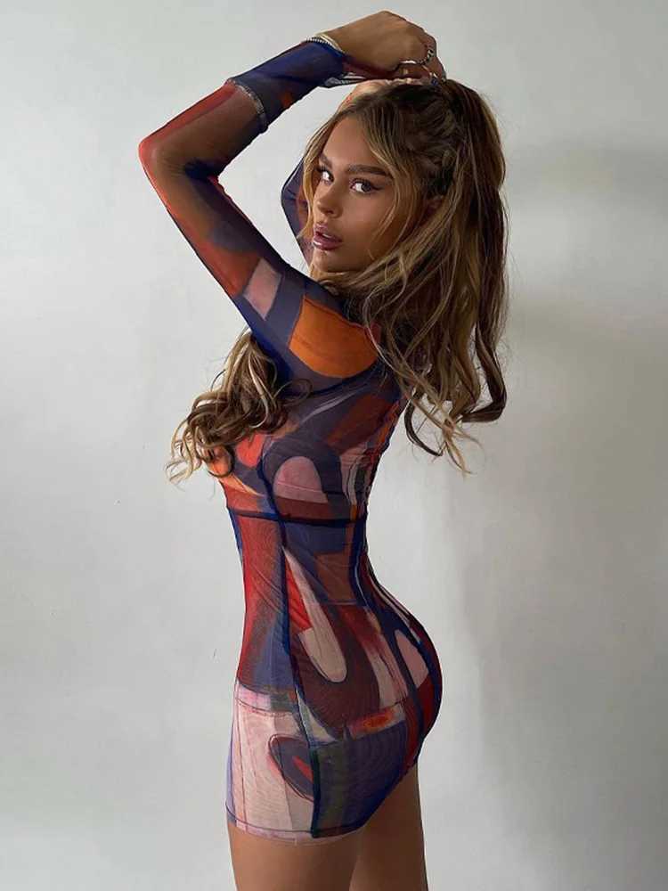 Tie Dye Print Long Sve Mini Dress High Neck Bodycon Sexy Streetwear Party Club Women 2023 Summer Clothes Slim FashionXJ2500207