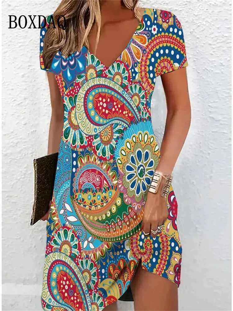 Vintage Women Midi Dresses For 2024 Ethnic Style Floral Print Loose Dress Plus Size Casual Short Sve Pullover V-Neck DressXJ2500207