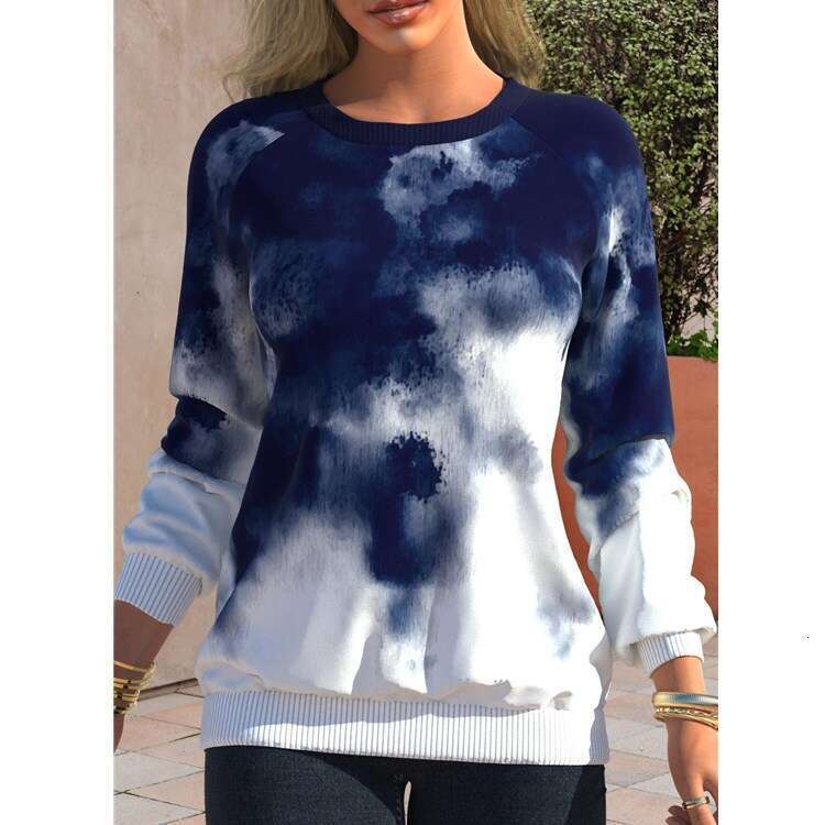 European and American autumn women's tie dye printed top, round neck, shoulder lenth, lon sleeved, casual, wide elastic, 2024 new casual fashion 