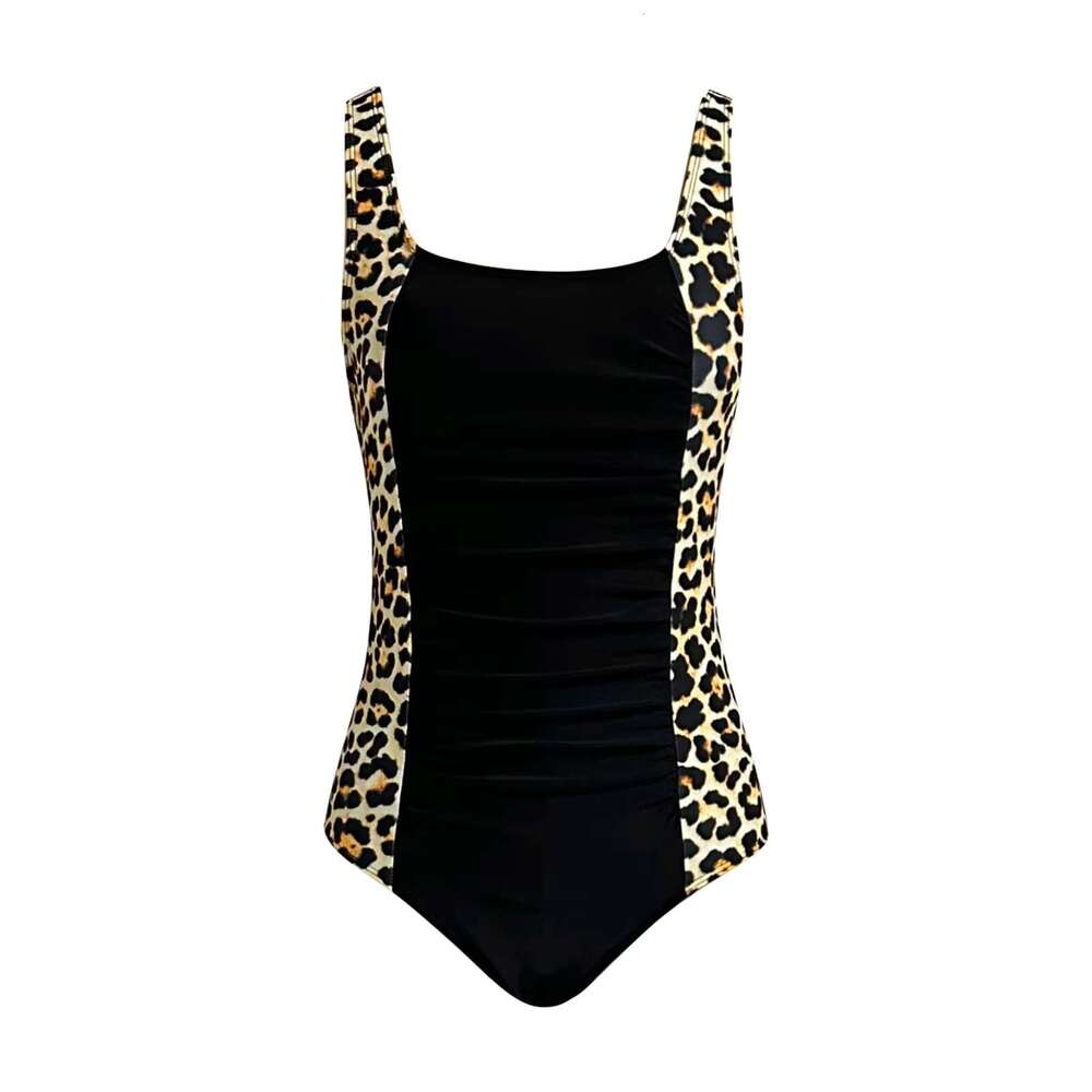 Color Block Leopard Bikini Women Fashion Solid Sexy Suspender Hot Spring Girl Swimsuit Deep Square Neck Slimming Biquinis