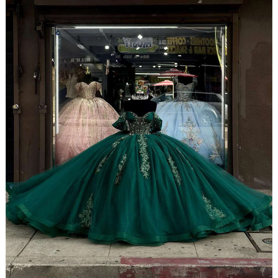 Green Emerald Princess Dresses Prom Ball Gown Off Shoulder Glitter Sequins Vestido De Quinceanera Lace Appliques Tulle Masquerade Dress