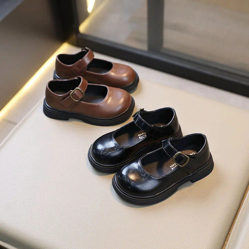Children Fashion Girls Leather Shoes Versatile Soft Spring and Autumn Black UK Uniform School Shoes Round-toe Brown PU 250206