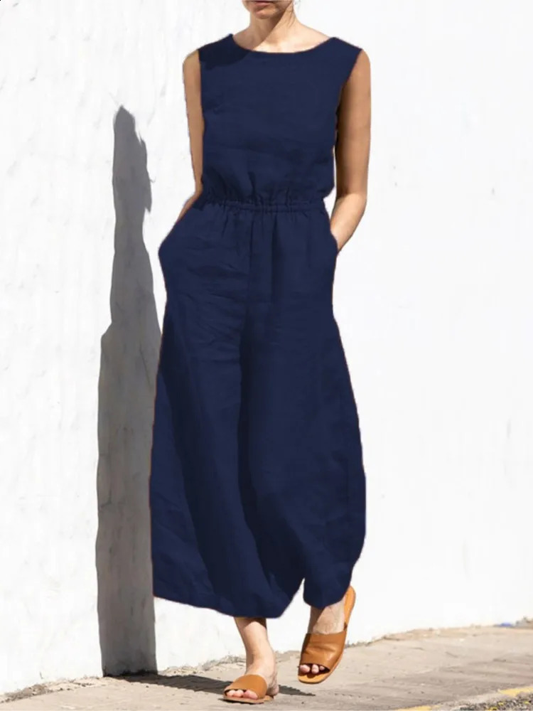 Fashion Buttoned Women Wide Leg Pant Jumpsuit Summer Solid Round Neck Sleeveless Pocket Playsuit Ladies Loose One-Piece Pants 250107