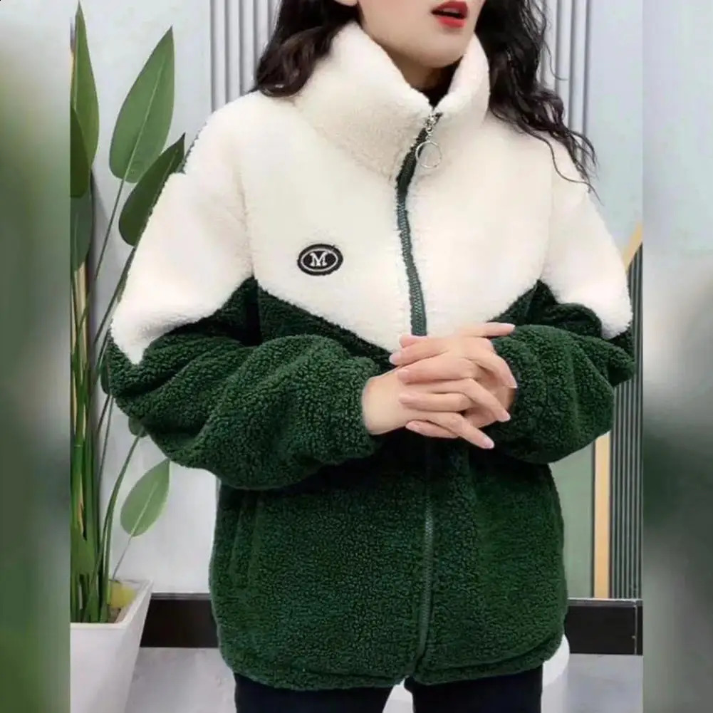 Autumn Winter Fleece Fluffy Jacket Streetwear Harajuku Zipper Coat Woman Lightweight Plush Warm Splice 250109