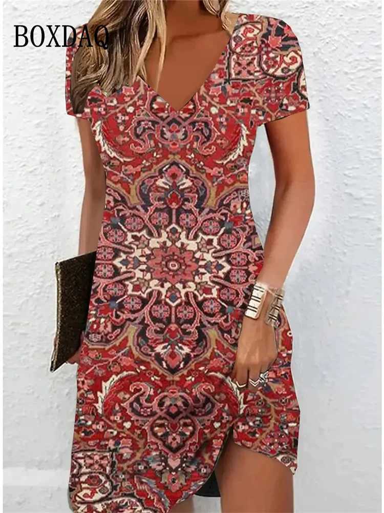 Vintage Women Midi Dresses For 2024 Ethnic Style Floral Print Loose Dress Plus Size Casual Short Sve Pullover V-Neck DressXJ2500207