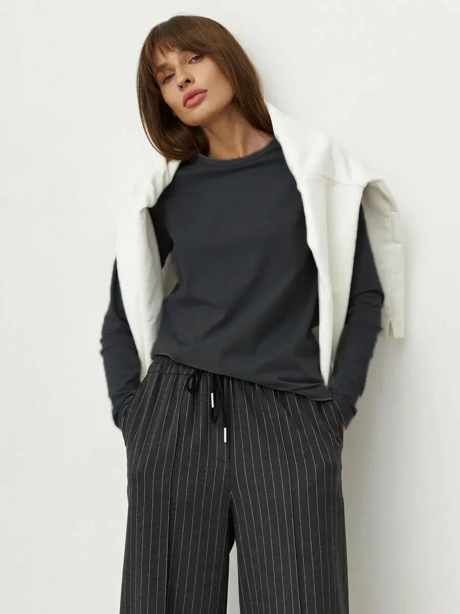 Wolfeel Womens Spring Autumn 100% Cotton T-shirt Bottoming Basic Solid Lady Long Sleeve Loose Tops Shirts Oversized T Shirt 250207