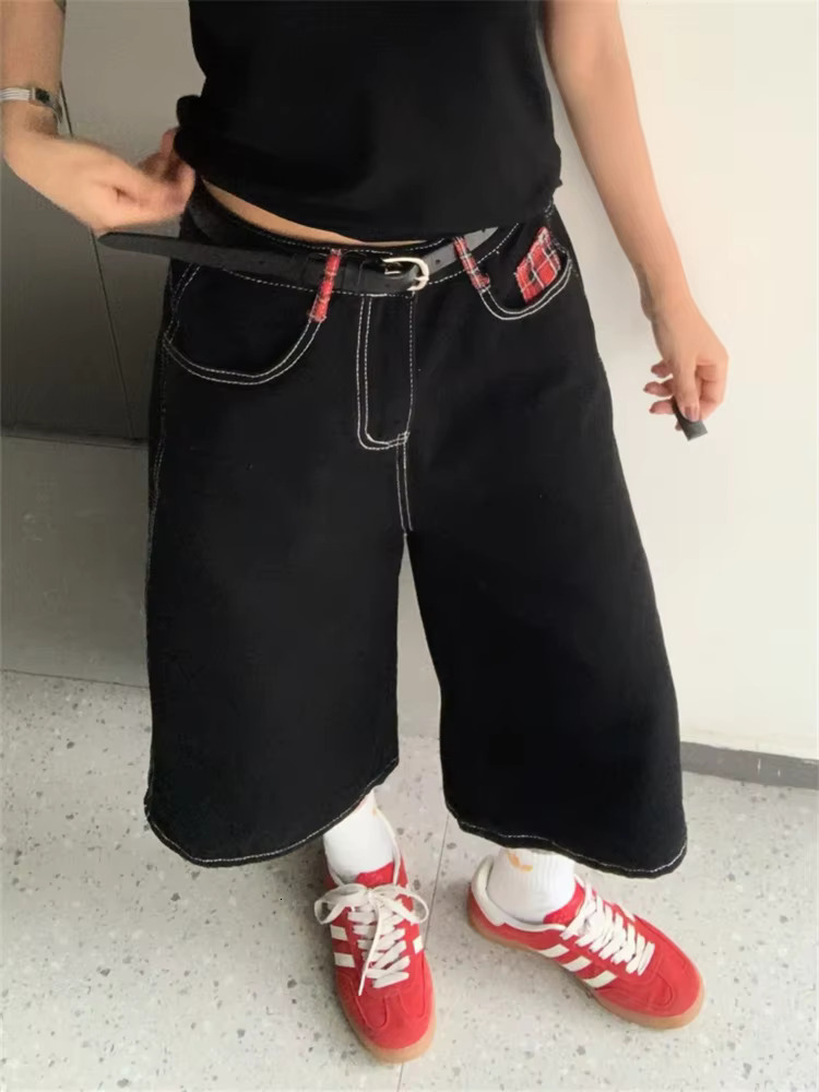 Summer Women's Red Checkered Pocket Cropped Jeans Young Girl Wide Leg Denim Shorts Female High Waist Loose Retro S Pants