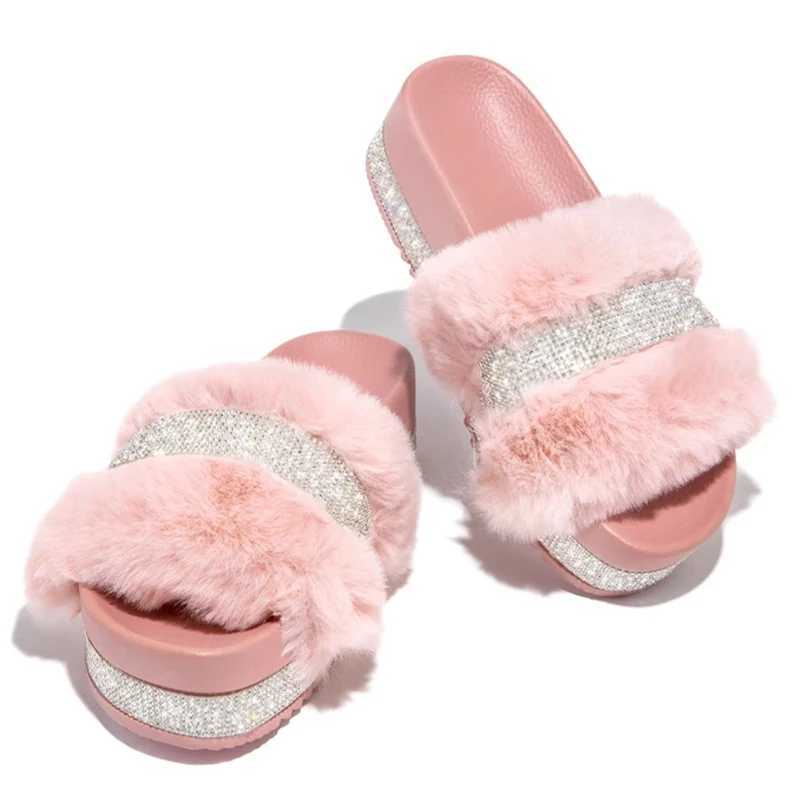 2024 Winter Designer Fur Rhine Slippers Women Luxury Platform Heel Fluffy Furry Slides Outside Beach Flip-Flop LadiesXJ250207