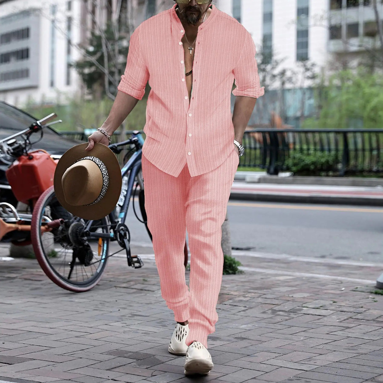 2024 Spring and Autumn mens standup collar striped jacquard shirt clothing Hawaiian sports street fashion suit 250207