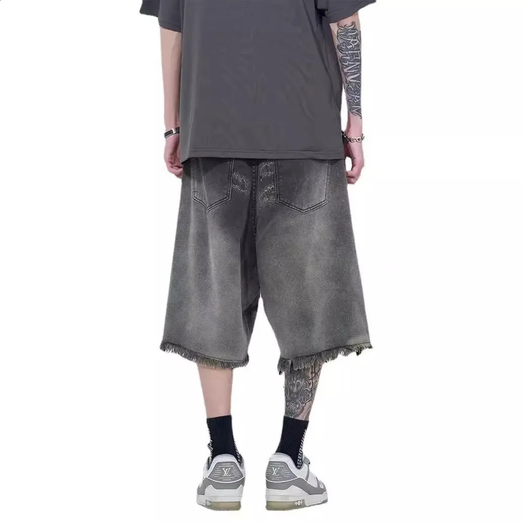 Summer Mens American Style High Street Vintage Washing Distressed Loose Fit Casual Fringe Denim Shorts 250206