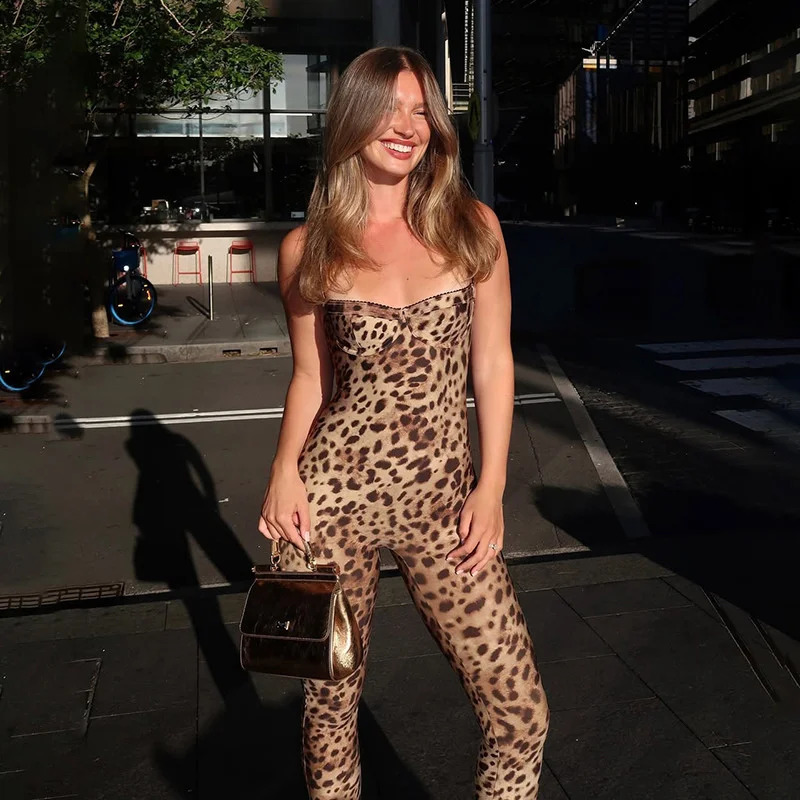2025 Print Jumpsuits Women Summer Suspendency Low Neck Body-shaping Overalls Female Sexy Attractive Leopard Wear 250206