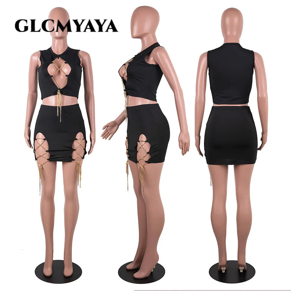 GLCMYAYA Women Set Chain Lace Up Sleeveless Crop Tops Sheath Elastic Mini Skirts Suit Two 2 Piece Set Sexy Club Outfit 250206
