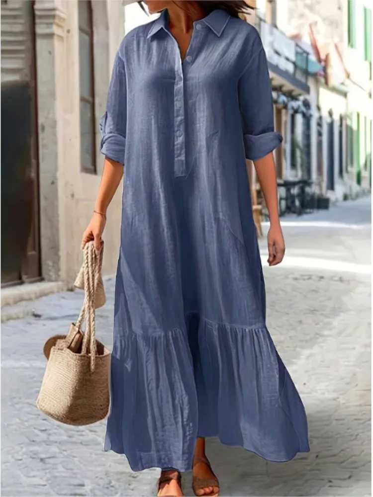 Cotton Linen Long Dress Women Long Sve Button Solid Color Casual Ruffles Loose Dresses Spring Autumn Comfortable Shirt DressXJ2500207