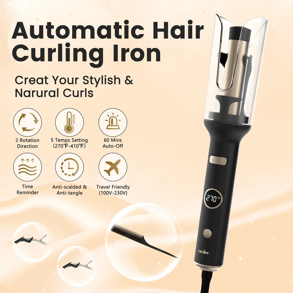 SEJOY Auto Curling Iron Professional Tangle Auto Hair Curler with 1.0-inch Rotating Barrel 5 Temps and Auto Shut-Off 250206