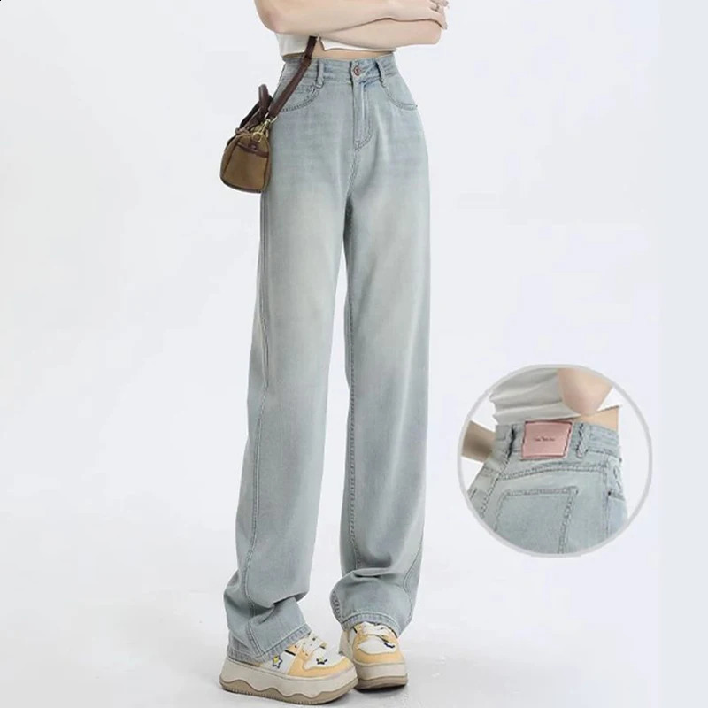 Woman Fashion Loosefit Wide Leg Casual Jeans Girls Basic High Waist Straight Pants Female Simple Light Blue Denim Trousers 250206