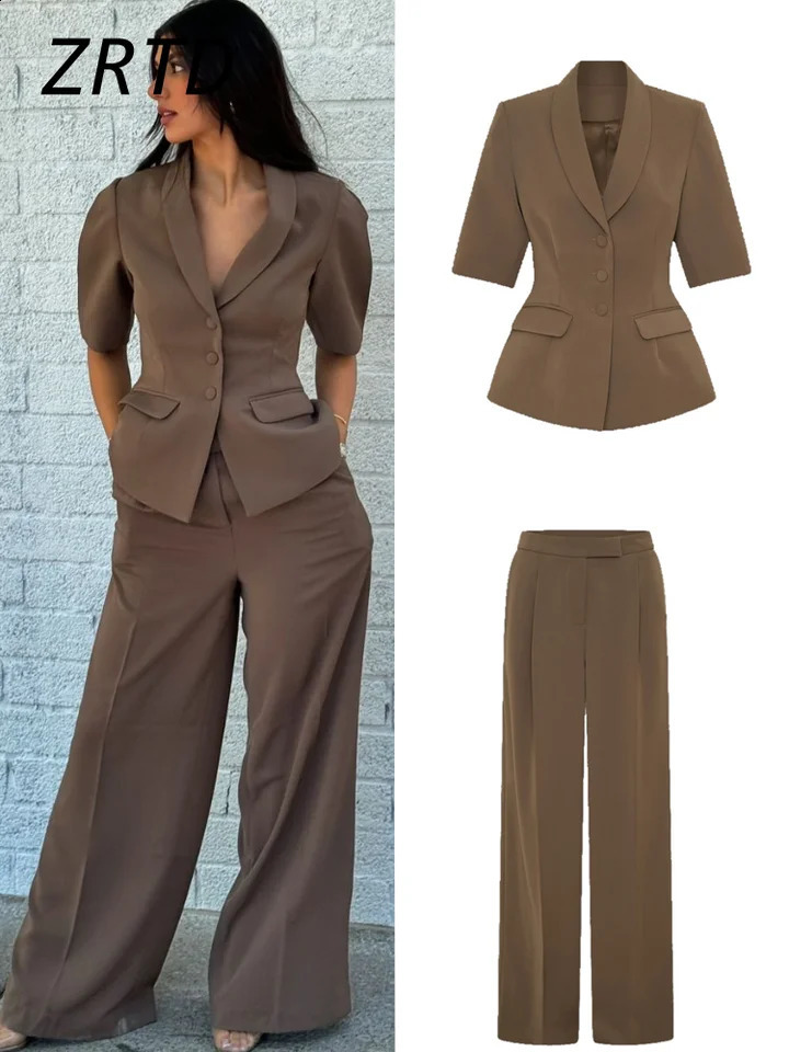 Elegant Solid Blazer Pants Sets Women Shoulder Pads Button Short Sleeve Jacket Wide Leg Trousers 2025 Spring Lady Street Outfits 250206