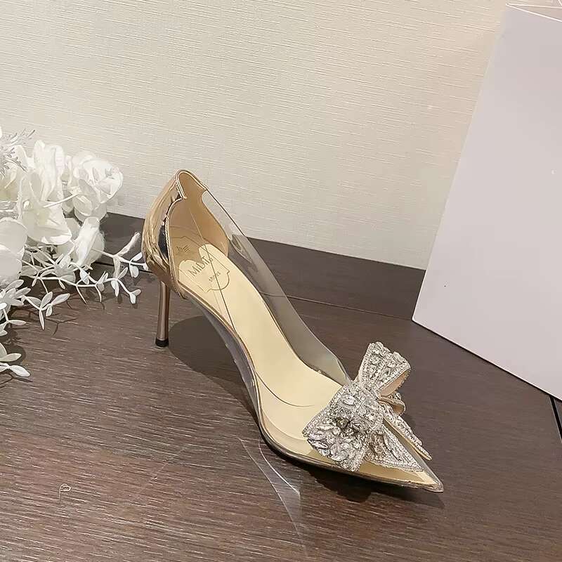 2022 Fashion Sliver Rhie Bow PVC Transparent Women Pumps Autumn Stiletto High Heels Sexy Bride Party Wedding Dress Shoes