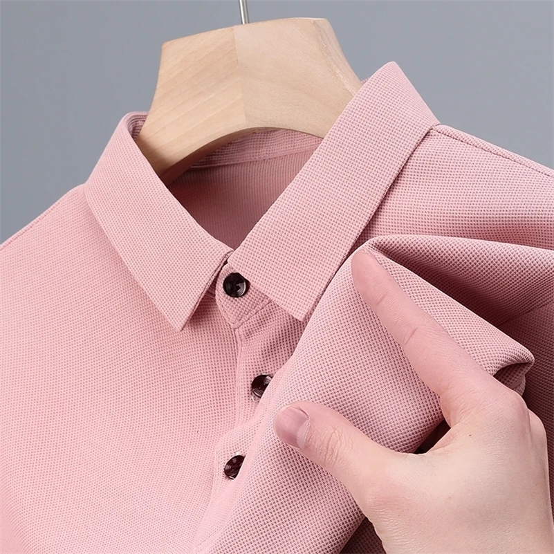 Mens Fashion Waffle Solid Short Sleeved Polo Shirt Summer Breathable Comfortable Top 250206