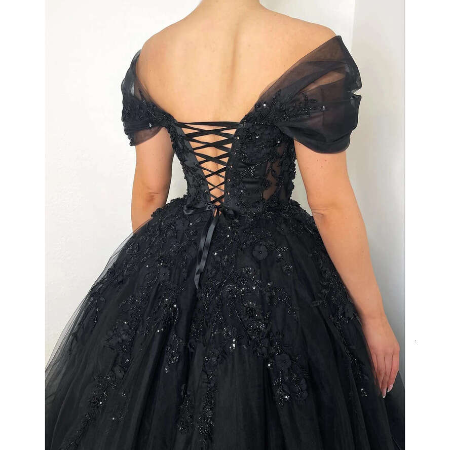 Glamorous A E Gothic Off Shoulder Wedding Dresses Bridal Gowns Beading Appliques Lace Up Back Country Black Robe Mariage