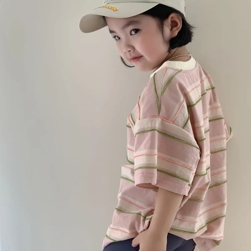 Children Clothing Girls T Shirt Korean Style Loose Short Sleeve Summer Fashionable Oversize Stripe T Shirt Top 250207
