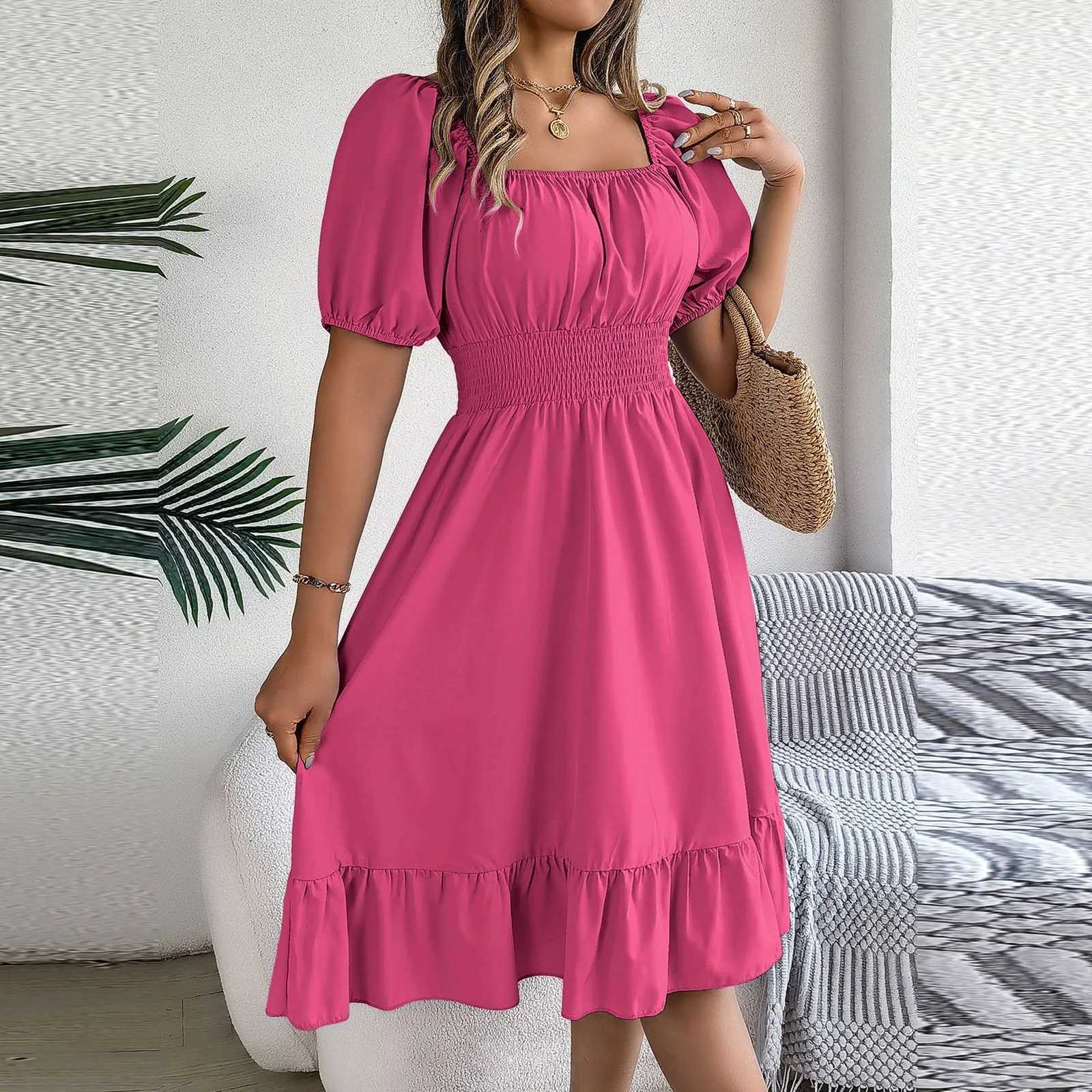 Ele Women Spring Summer Dress Square Neck Puff Sve A Line Vestidos Square Neck Tie Waist Ruched Casual Solid Long DressXJ2500207