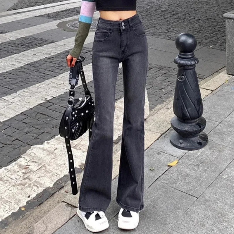 Woman High Waist American Vintage Bell Bottom Jeans Female Elastic Flare Pants Girls Fashion Streetwear Gray Denim Trousers 250206