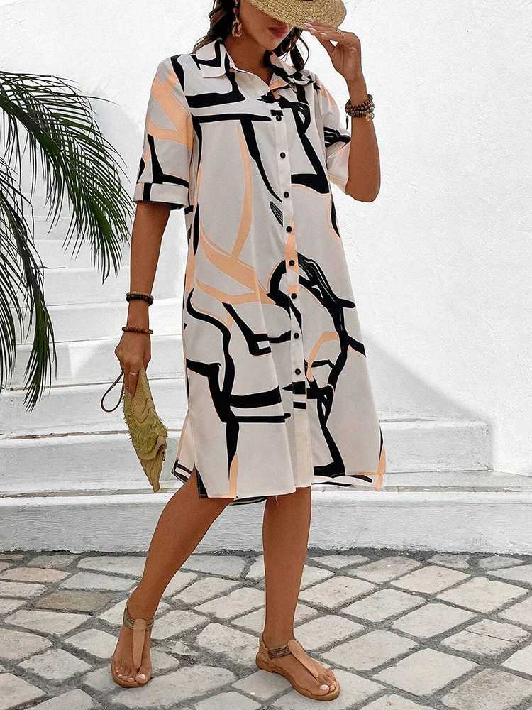 New Fashion Everyday Casual Ladies Short-sved Lapel Print Dress City Trend Single-breasted Dress 3D Printed Art DressXJ2500207