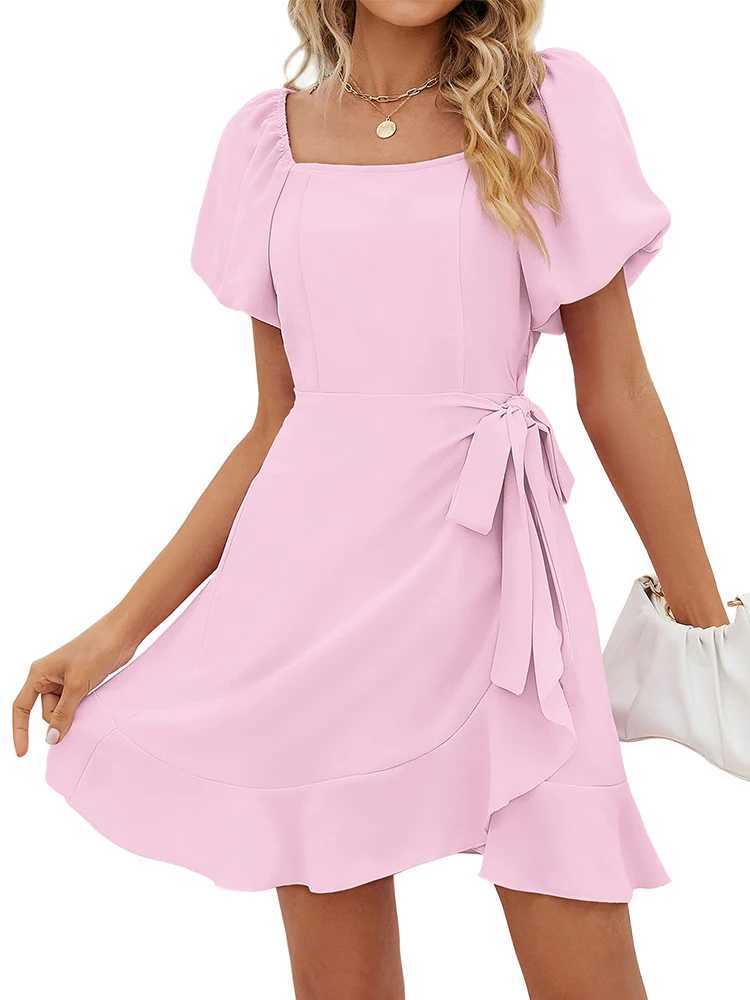 Sporty chic 2024 Womens Summer Wrap Dress Short Sve Casual Square Neck Ruffle Mini Dress Casual Loose PolyesterXJ2500207