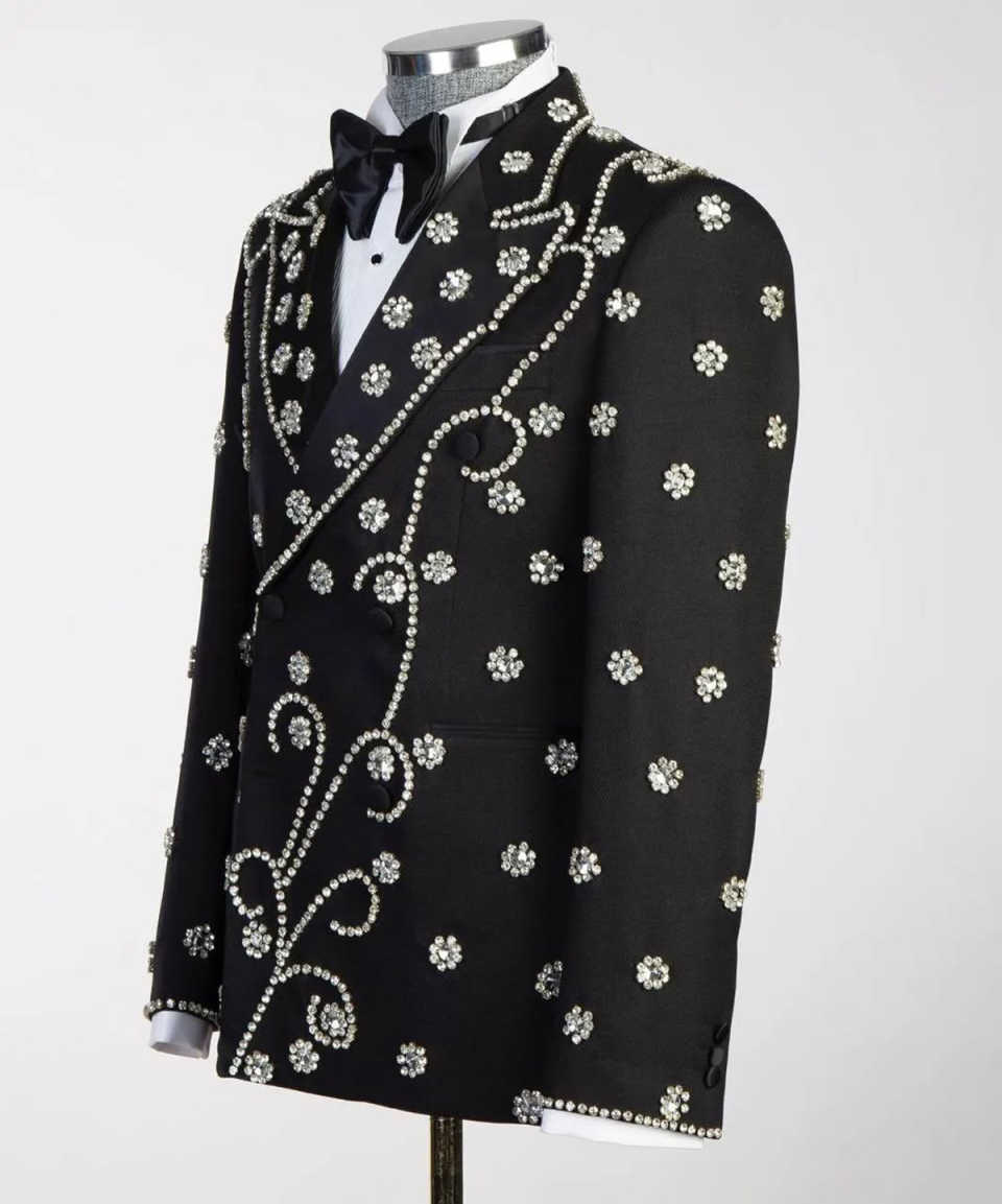 Luxury Wedding Tuxedos Beading Flowers Double Breasted Men Suit Peaked Lapel 1 Piece Set Jacket Groom Blazers Customized